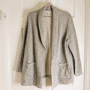 Eileen Fisher Organic Cotton Terry Shawl Collar Jacket Sweater Gray/White Sz L